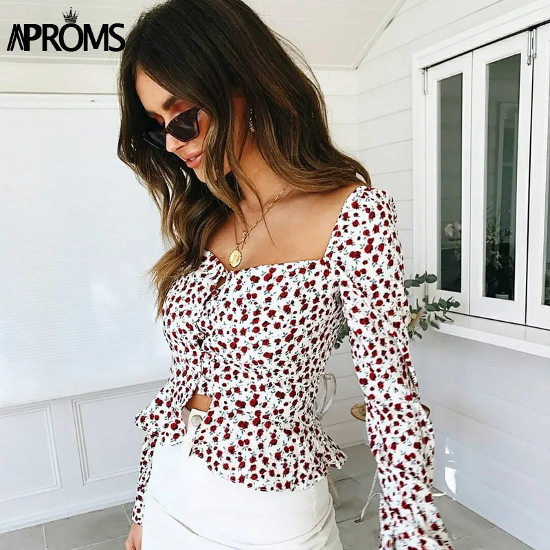 

Aproms Vintage Square Neck Floral Print White Blouse Shirt Women Elegant Ruffles Long Sleeve Peplum Top 2019 Chiffon Tops Blusas