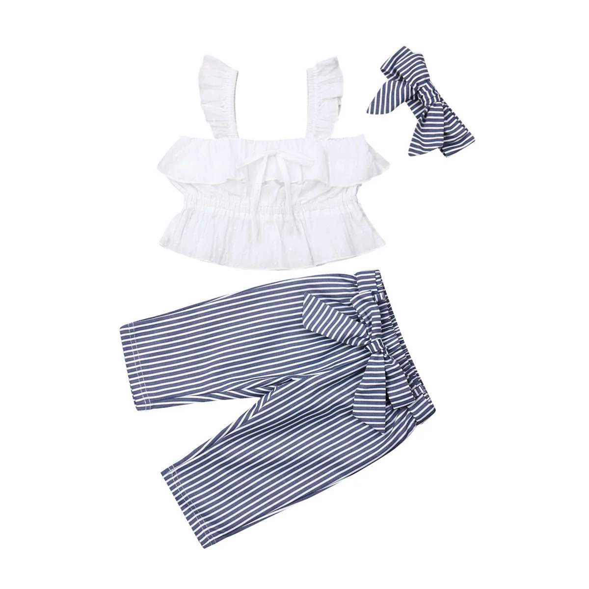 

2019 Newest Style Toddler Kids Baby Girls Spring Summer Vest Tops+Stripe Bow Pants+Headband Casual Clothes Outfit Set 1-5Years