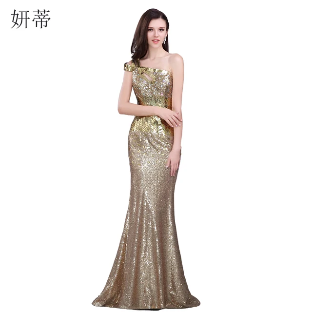 One Shoulder Gold Prom Dress