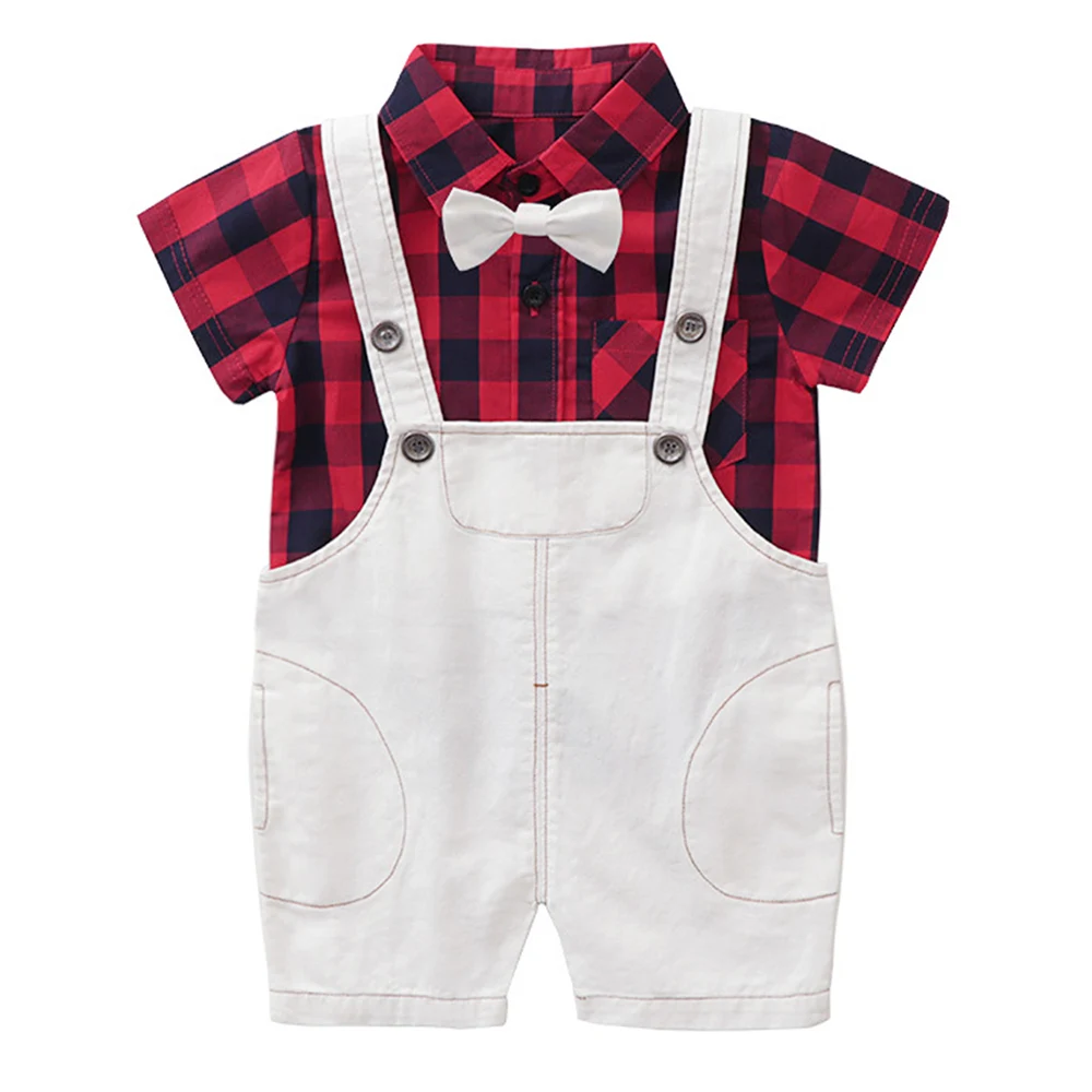 

AmzBarley Toddler boy suits formal 2 pieces clothing set Bow tie plaid shirt+suspender shorts kids summer clothes for 2-6 years