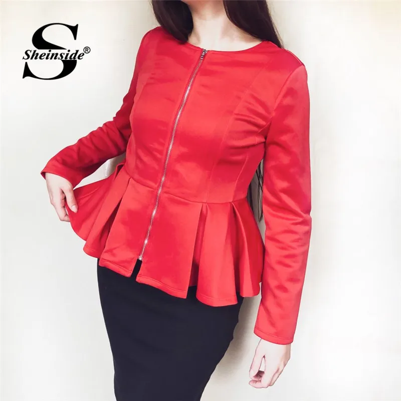 Sheinside красная Осенняя Женская куртка на молнии, плиссированная баска, пальто с оборками, многослойная верхняя одежда, женские куртки и пальто