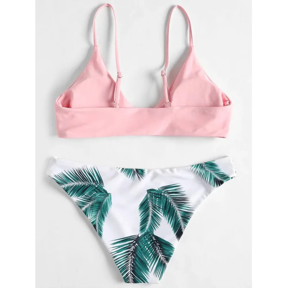 2019 Woman sexy solid color leaf print fresh split swimwear bikini set Brazilian beach swimming push up mujer brasile 40M29 (10)