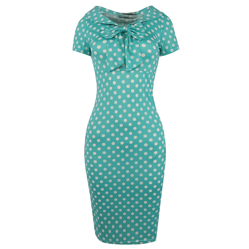 Kostlich Turn-down Collar With Bow Knot Dot Pencil Dress Short Sleeves Women Summer Dress Bodycone Party Dresses Casual Sundress (5)