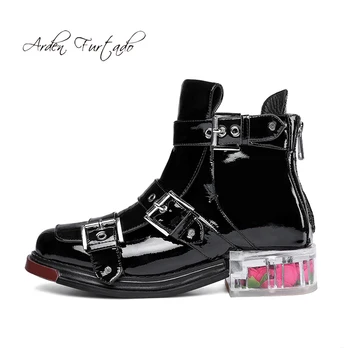 

Arden Furtado autumn winter zipper round toe square heels buckle fashion genuine patent leather matin boots ankle white booties
