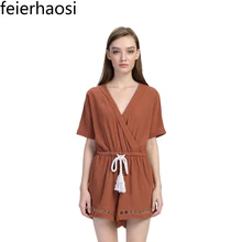 

feierhaosi short sleeve women bodysuit casual playsuit hollow out overalls romper with rope clothing jumpsuits for women F1746