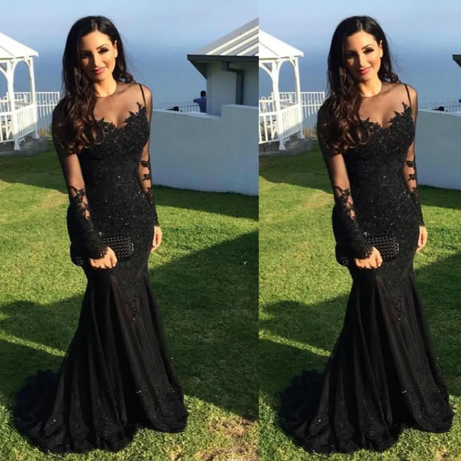 Evening Dresses Long 2019 Arabic Prom Dress Lace Black Mermaid Long Sleeves Formal Party Dress Vestido De Festa Longo