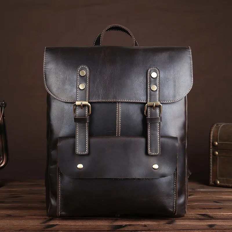 

New Genuine Leather Man's Bag Vintage Crazy Horse Leather Backpack Multi-functional Unisex Backpack Fashion Cow Leather Backpack
