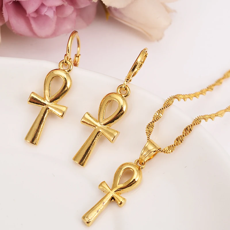 

Gold Egyptian Ankh Cross Jewelry Set Women Charms Jewelry Girls Egypt Hieroglyphs Crux Ansata pendant necklace earrings gifts