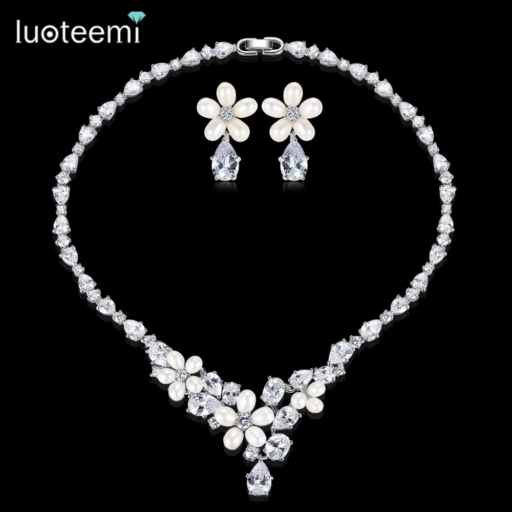 LUOTEEMI Culture D'eau Douce Perles Fleur et Clair CZ Waterdrop Nuptiale De Mariage Ensemble de Bijoux Pour Les Femmes Boucles D'oreilles Collier Ensembles - 1