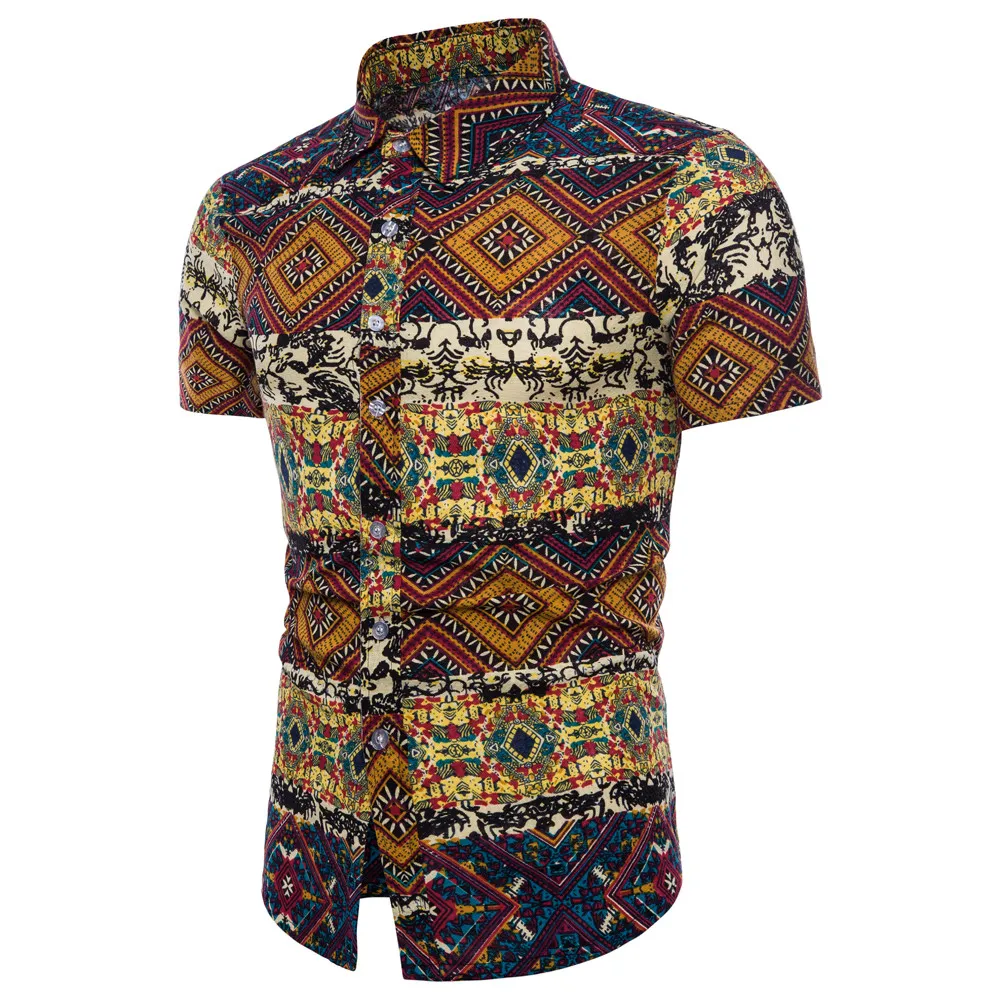 Для мужчин лето Bohe цветочный рубашка с короткими рукавами Лен Базовая Мужская модная блузка Топ плюс размеры 5XL ropa hombre повседневная одежда