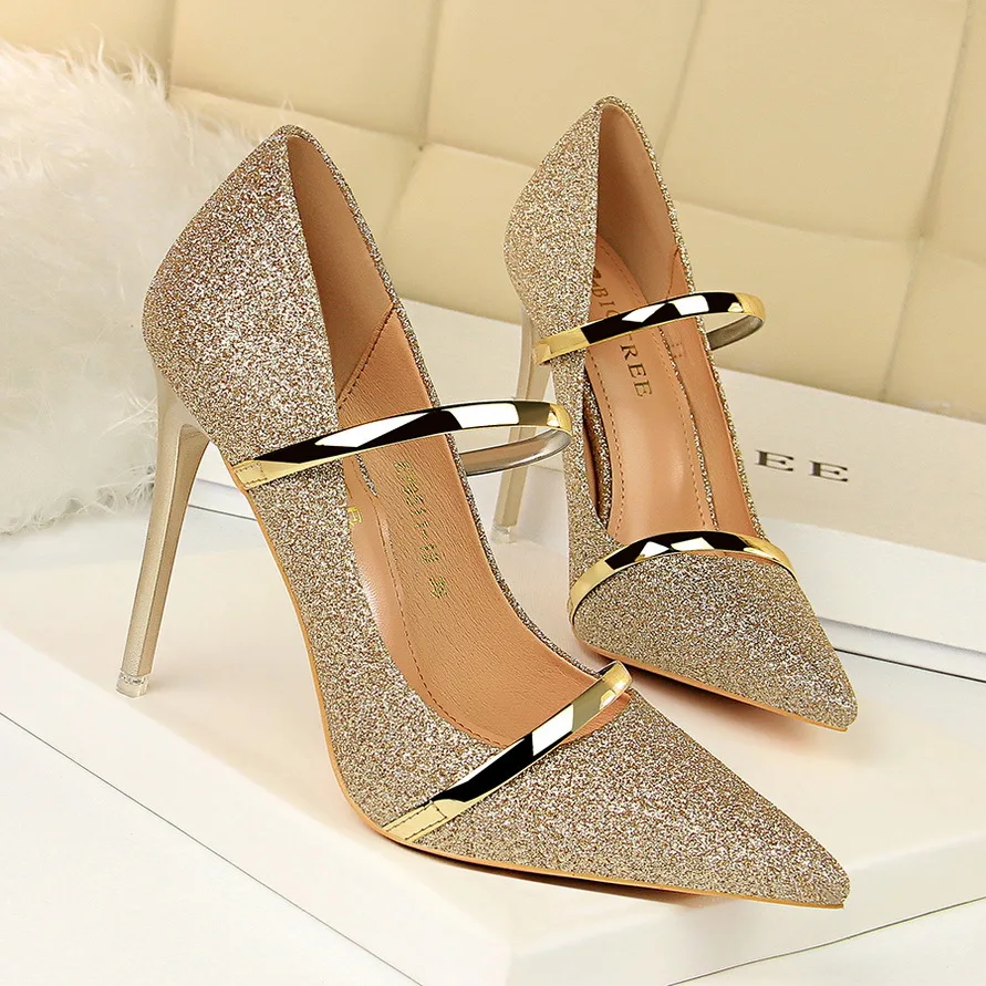 

European and American wind heels shallow pointed sequins sexy nightclub hot and thin with a word with single shoes