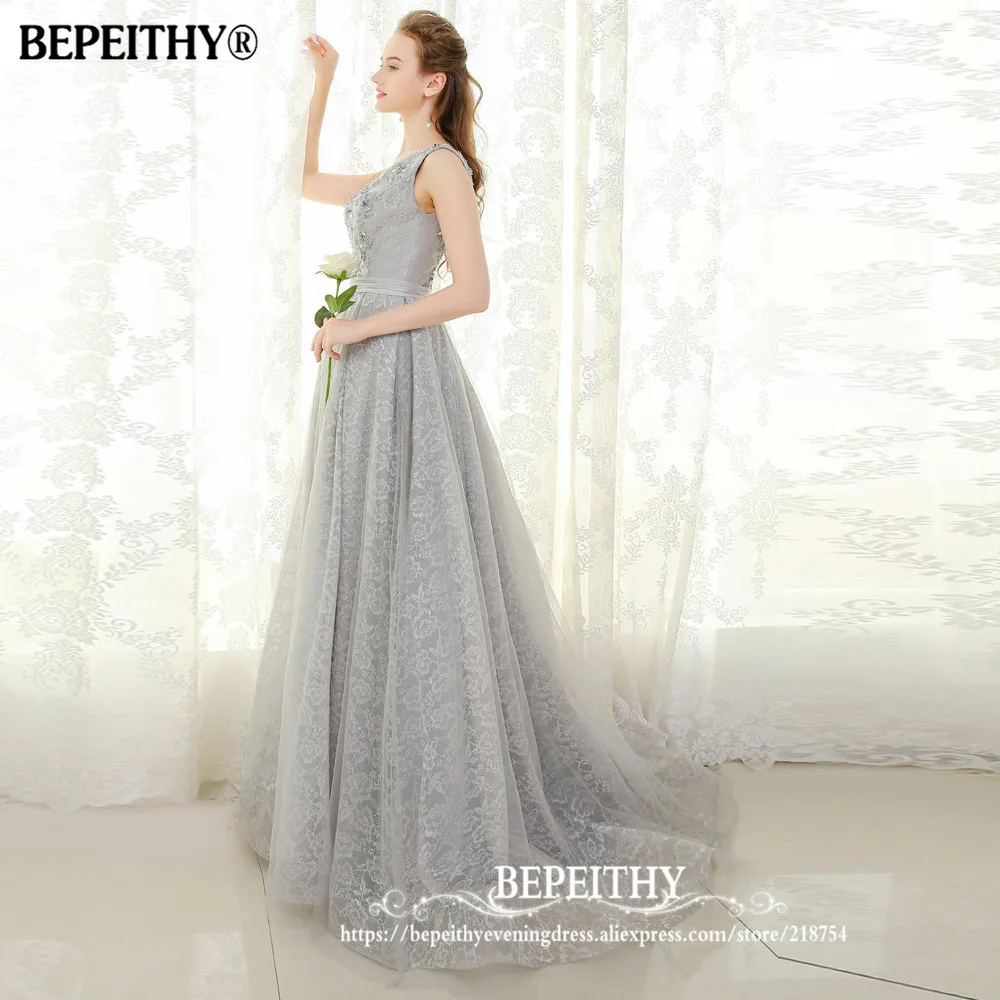 BEPEITHY с v-образным вырезом серебряное кружевное длинное вечернее платье vestido de festa на шнуровке сзади с кристаллами элегантные вечерние платья для выпускного вечера