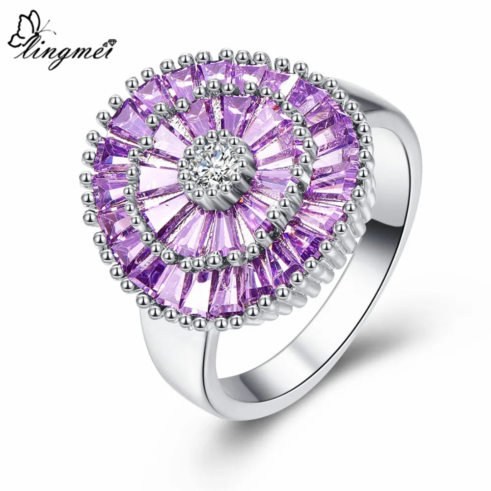 

lingmei Flower Purple & Pink Round White Cubic Zirconia Silver Color Size 6 7 8 9 Beautiful Fashion Women Jewelry Wholesale Gift