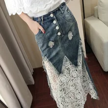 Женские модные джинсовые Лоскутные кружева Длинные Юбка фасона "Русалка"