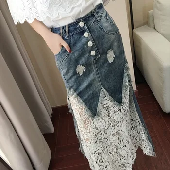 

Women fashion denim patchwork lace long trumpet mermaid skirt
