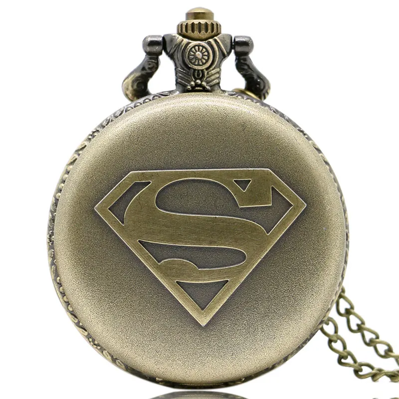 

New Arrival Cool Brown Case Superman Theme Pocket Watch Quartz Fob Watch With Chain Necklace Boy Men Gift