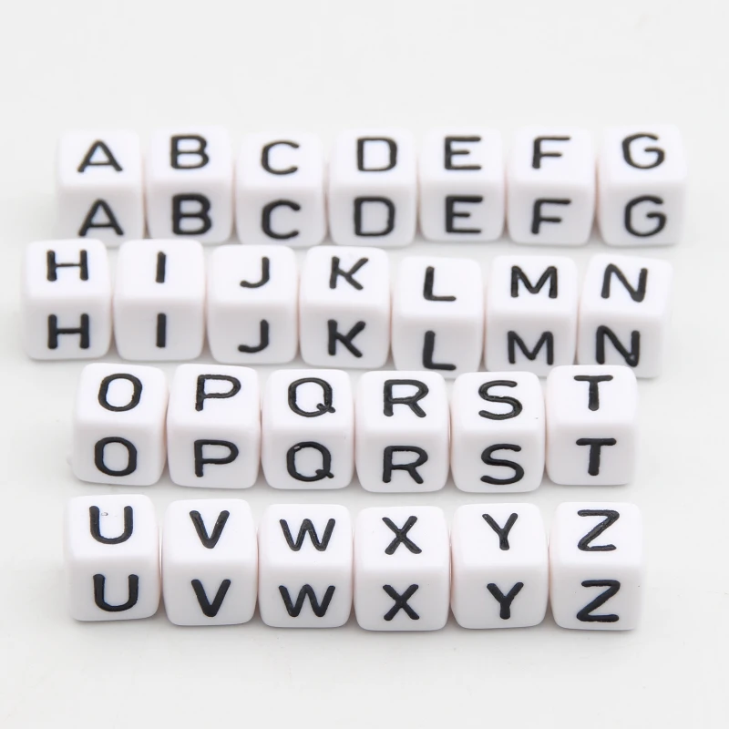 

550Pcs "A-Z" Alphabet Letter Cubic Beads White 10x10mm Baby Teether Necklace&Pacifier Clip Spacer Acrylic Letter Beads