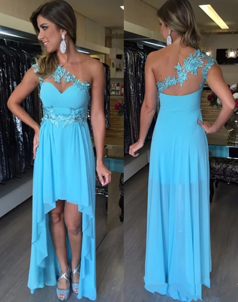 Elegant Blue One Shoulder Chiffon High Low Prom Dress Short Front Long In Back 2017 New Vestido Curto