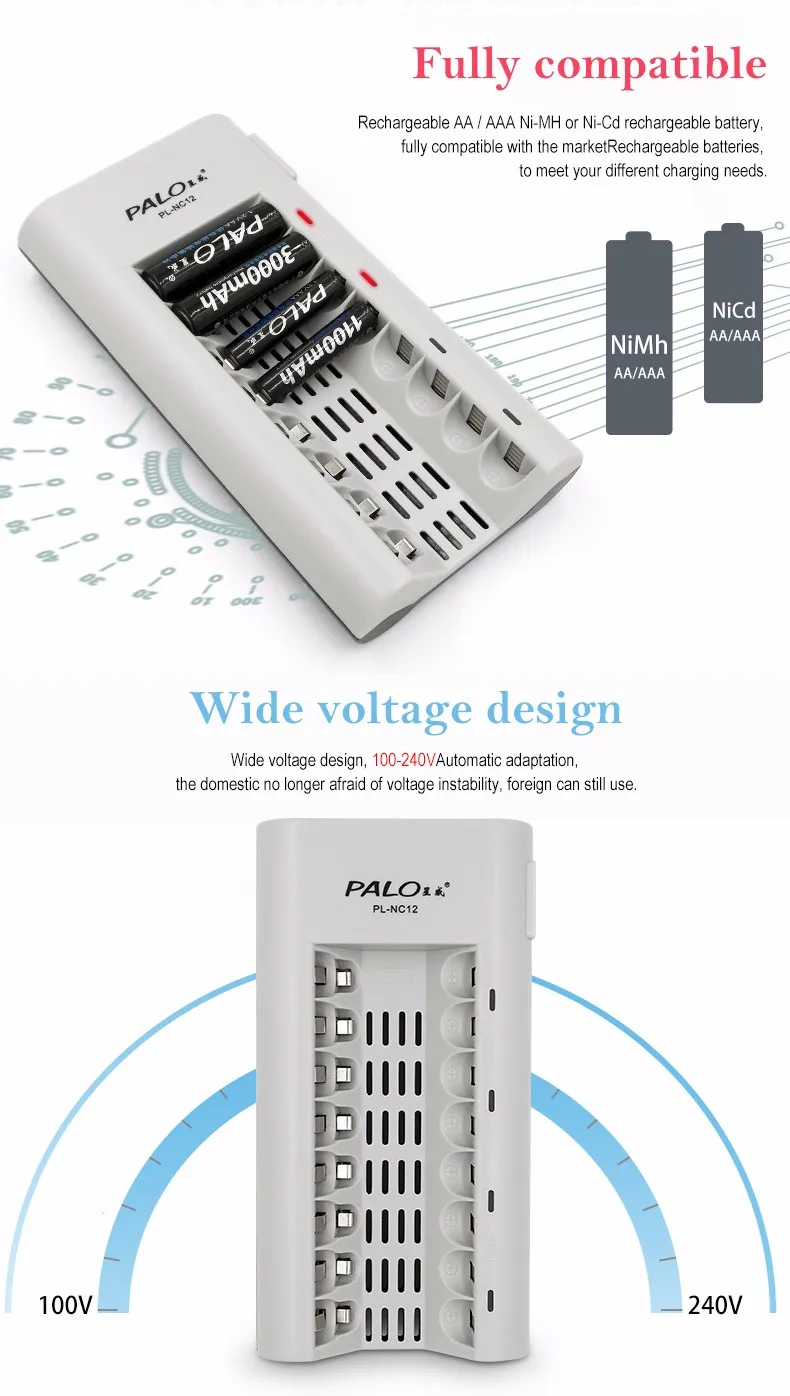 PALO AA AAA зарядное устройство 8 слотов быстрое зарядное устройство светодиодный smart для 1,2 в AA AAA ni-MH ni-cd аккумуляторная батарея EU AU US UK Plug