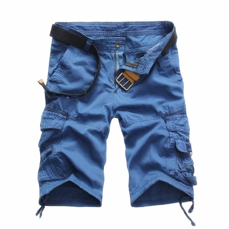 Мужские карго шорты летние бермуды в стиле милитари masculina свободные мульти-карманные мужские однотонные укороченные брюки размера плюс(без пояса - Цвет: K19 blue