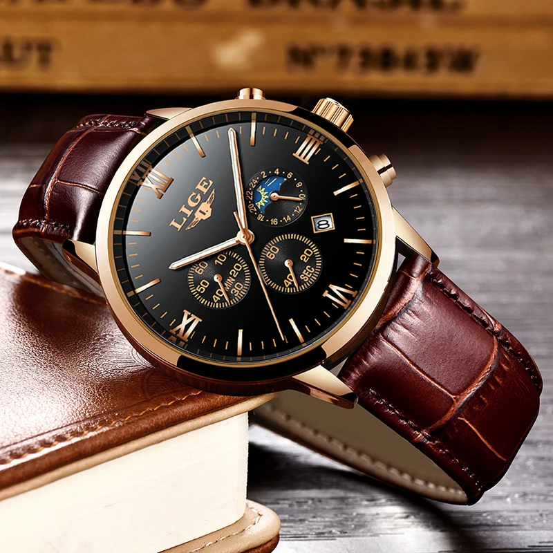 LIGE Mens Watches Top Brand Luxury Fashion Watch Men Leather Quartz Clock For Male Auto Date Rose Gold Shell relogio masculino