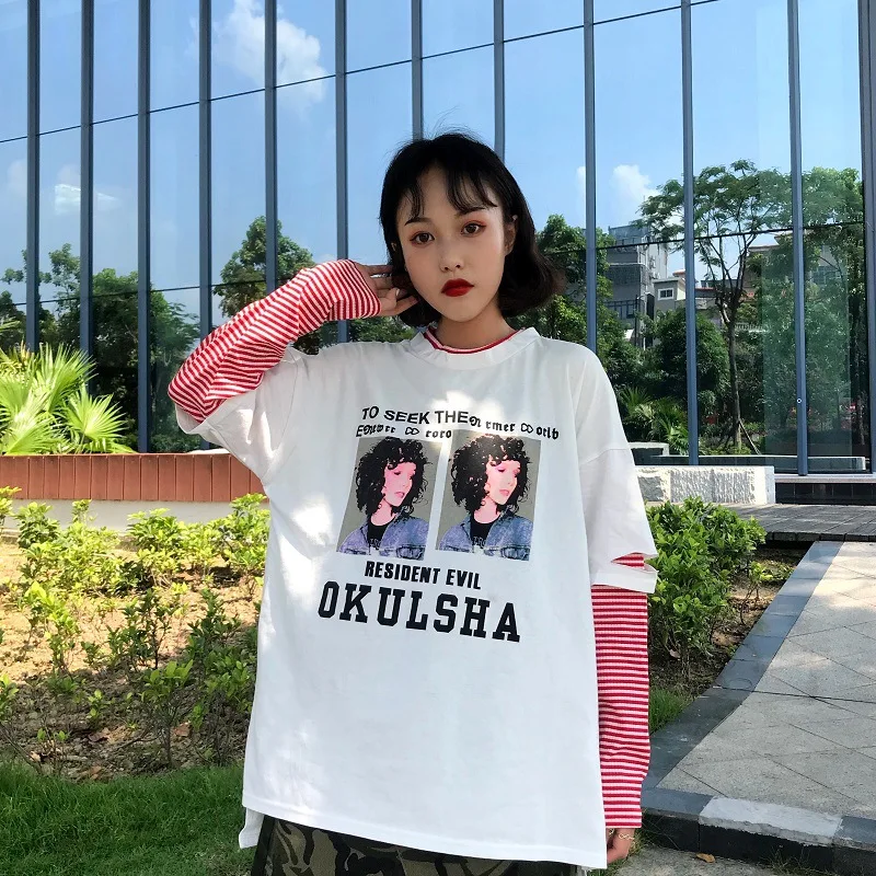 Женская футболка одежда Корейский Ulzzang Harajuku принт полосатая футболка с длинным рукавом Лоскутная Повседневная Свободная с длинным рукавом Te
