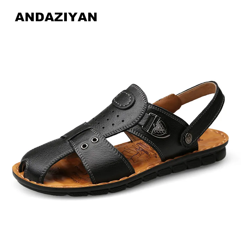 En Non Chaussures Double Hommes glissement De Noir À Brown yellow Respirant Usage Été Cuir Bout Sandales qfrzA5xq