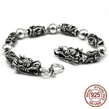 Мужские браслеты, 925 пробы, серебро, Ретро стиль, панк-рок, двойная голова дракона, браслет, тонкая тайская серебряная бижутерия, лучший подарок