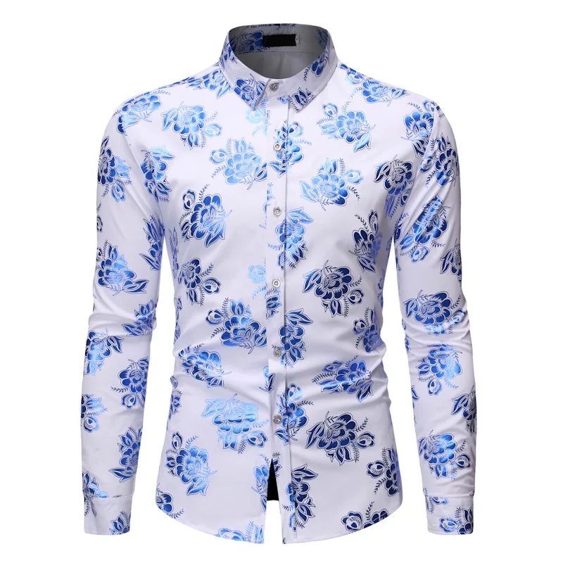 Мужская выпускная белая синяя рубашка с цветочным принтом, приталенная рубашка с длинным рукавом и пуговицами, рубашки 2019, новая деловая