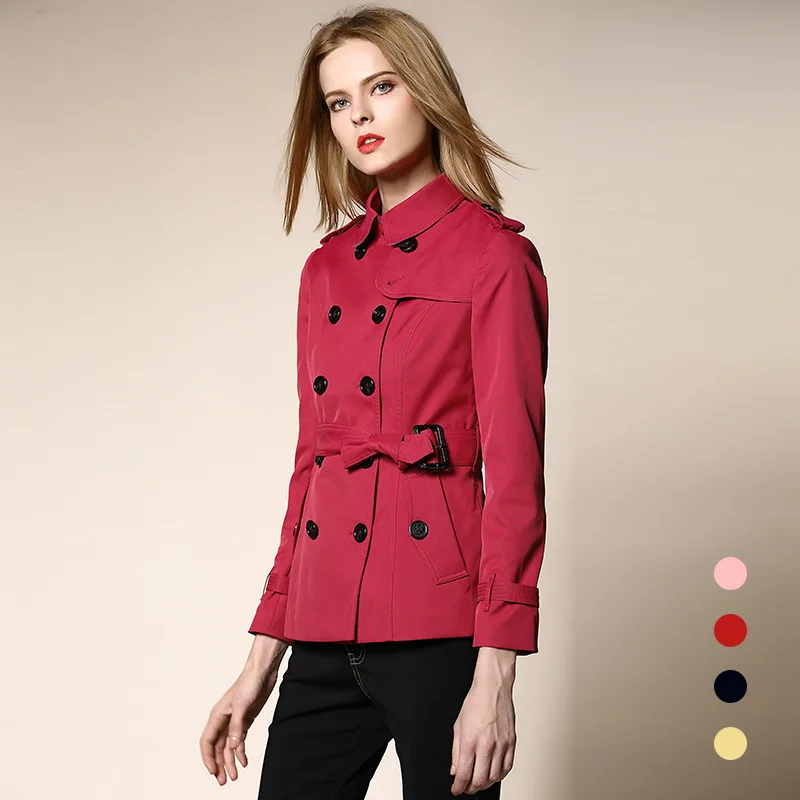 Chic women's Trench coat spring autumn belted short coat Fashion slim fit double breasted short Trench coat G092