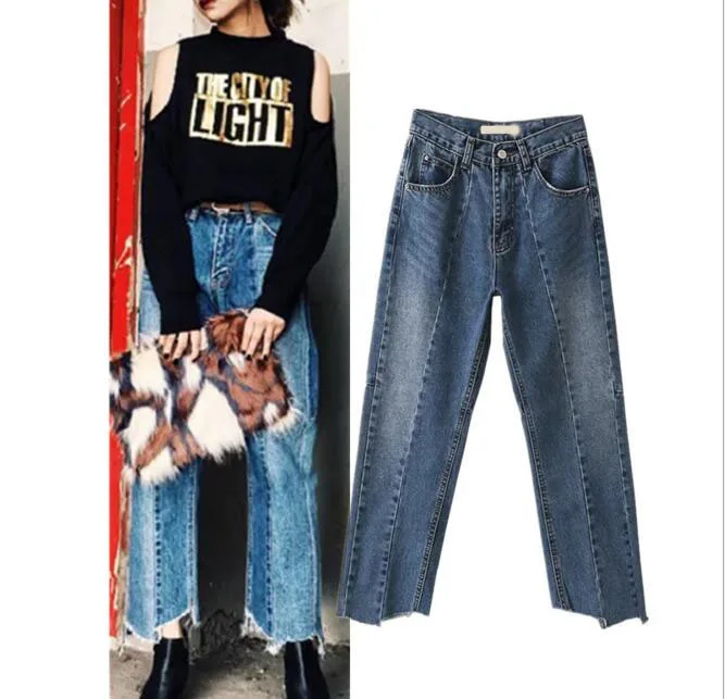 Europe Washed Asymmetry Jeans Trousers Women High Waist Straight Long Pant Denim Jeans Pants