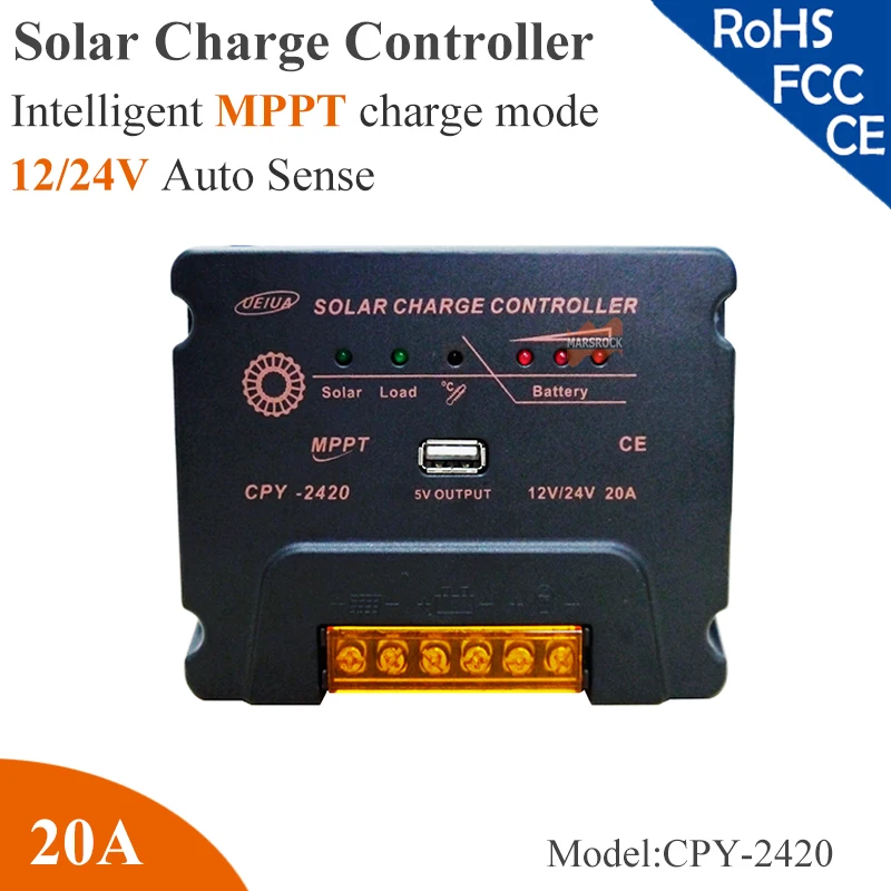 

20A 12/24V AUTO work MPPT solar charge controller,multi function,compensation circuit, with USB 5V output for lead acid battery