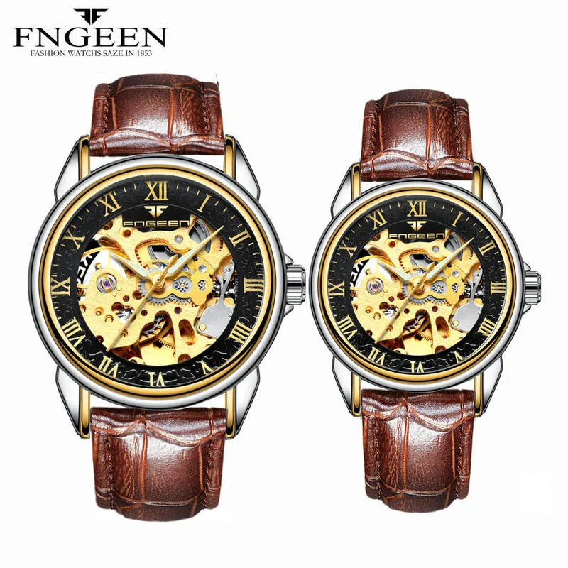 Парные часы для влюбленных бренд fngeen повседневные спортивные военные автоматические часы модные роскошные Мужские механические часы - Цвет: LeatherTwoToneBlack