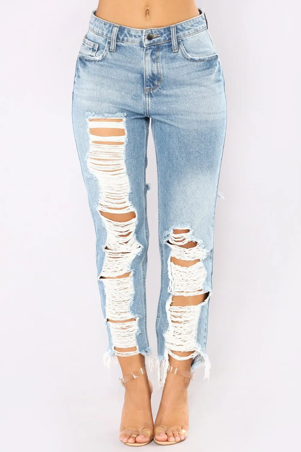 2019 Casual Long Jeans Women High Waist Skinny Pencil Blue Denim Pants Ripped Hole Slim Plus Size G3P9 |