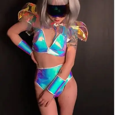 

Bar DJ Nightclub Woman Bra+pants+necktie +sleeve Singer Dance Sexy Laser Colorful Night Club Show Set Female Sexy Costumes