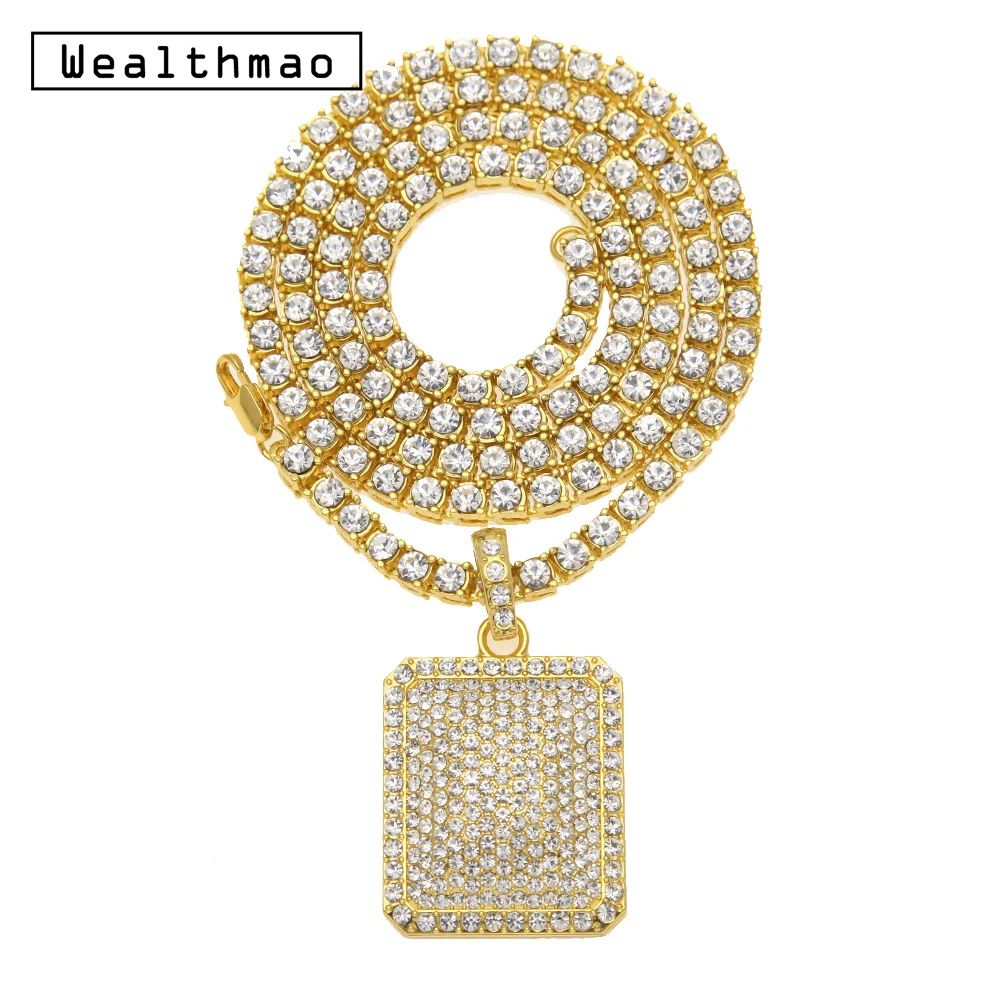 

Men Trendy Pendant Iced Out Full Crystal Rhinestone Gold Silver Charm Square Dog Tag Necklace Tennis Chain Hip Hop Bling Jewelry