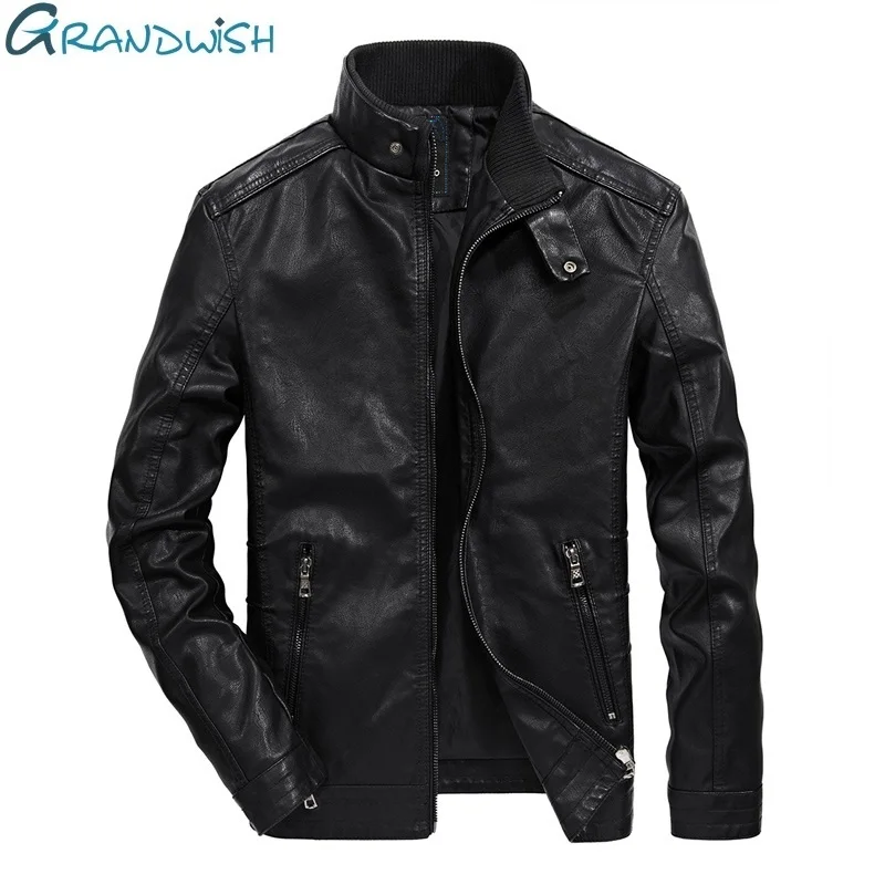 Meilleur Grandwish PU cuir veste hommes col montant automne classique moto veste en cuir hommes Faux cuir veste mâle, DA366