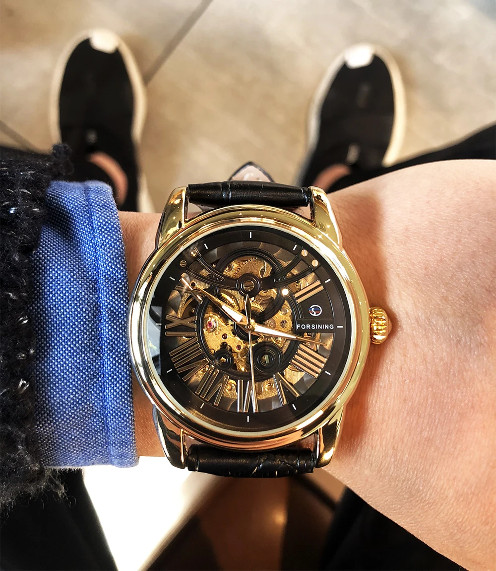 Forsining официальный эксклюзивный распродажа модный дизайн кожаный ремень Римский современный дизайн Мужские автоматические часы с скелетом лучший бренд класса люкс