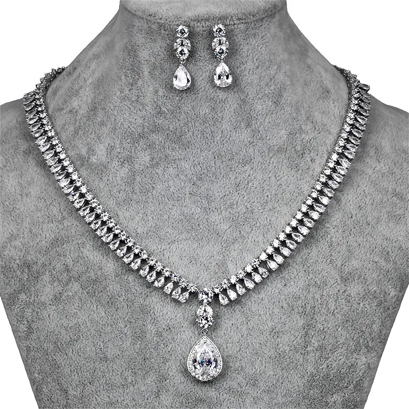 WEIMANJINGDIAN Elegant Countless Teardrop Cubic Zirconia Tennis Necklace& Earring Wedding Bridal Jewelry Set for Women or Party - Окраска металла: Платиновое покрытие