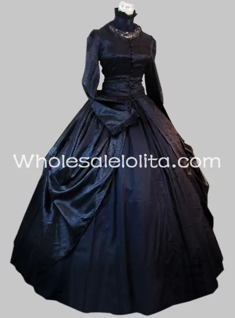 Gothic Black Satin And Cotton High Collar Victorian Gown Dress In Gothic Black Satin And Cotton High Collar Victorian Gown Dress