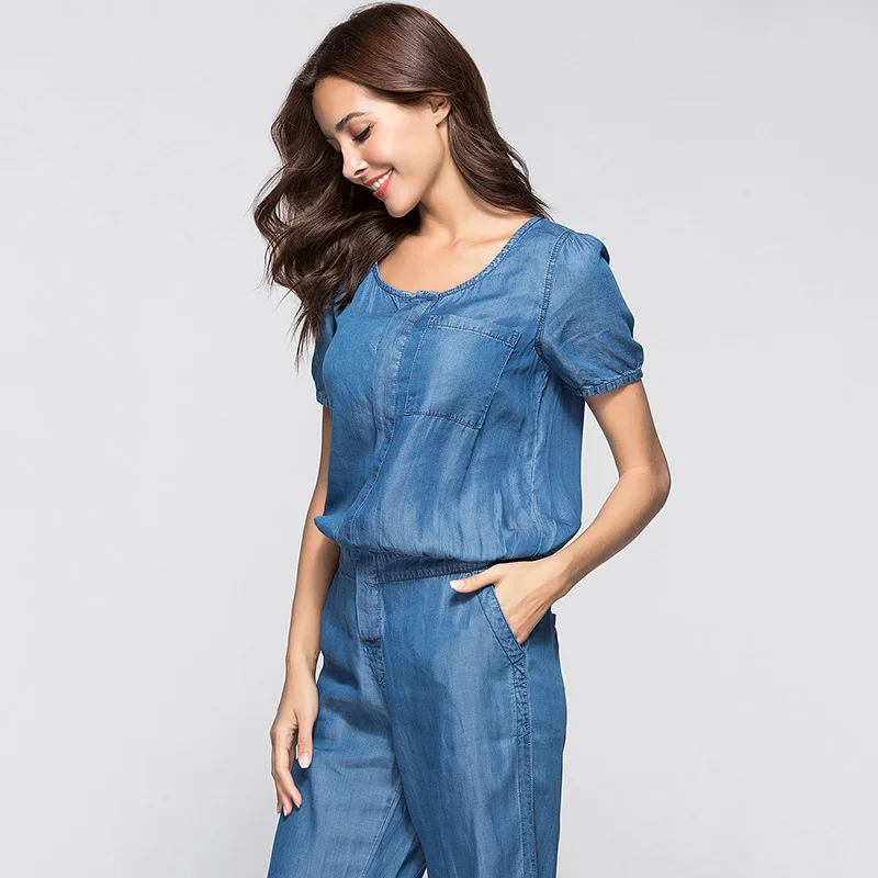 Женский джинсовый комбинезон ESCALIER синий длинный свободный из тенсельной ткани