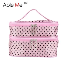 Necessaire Women Makeup Organizer Dot Design Double Zippers Bag Travel Organizer Handbag Maleta De Maquiagem Women Cosmetic Bag