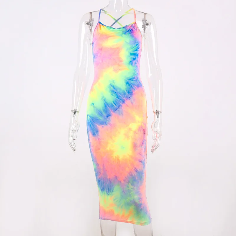 Платье с радужным принтом BOOFEENAA Tye Dye летнее облегающее платье средней длины на
