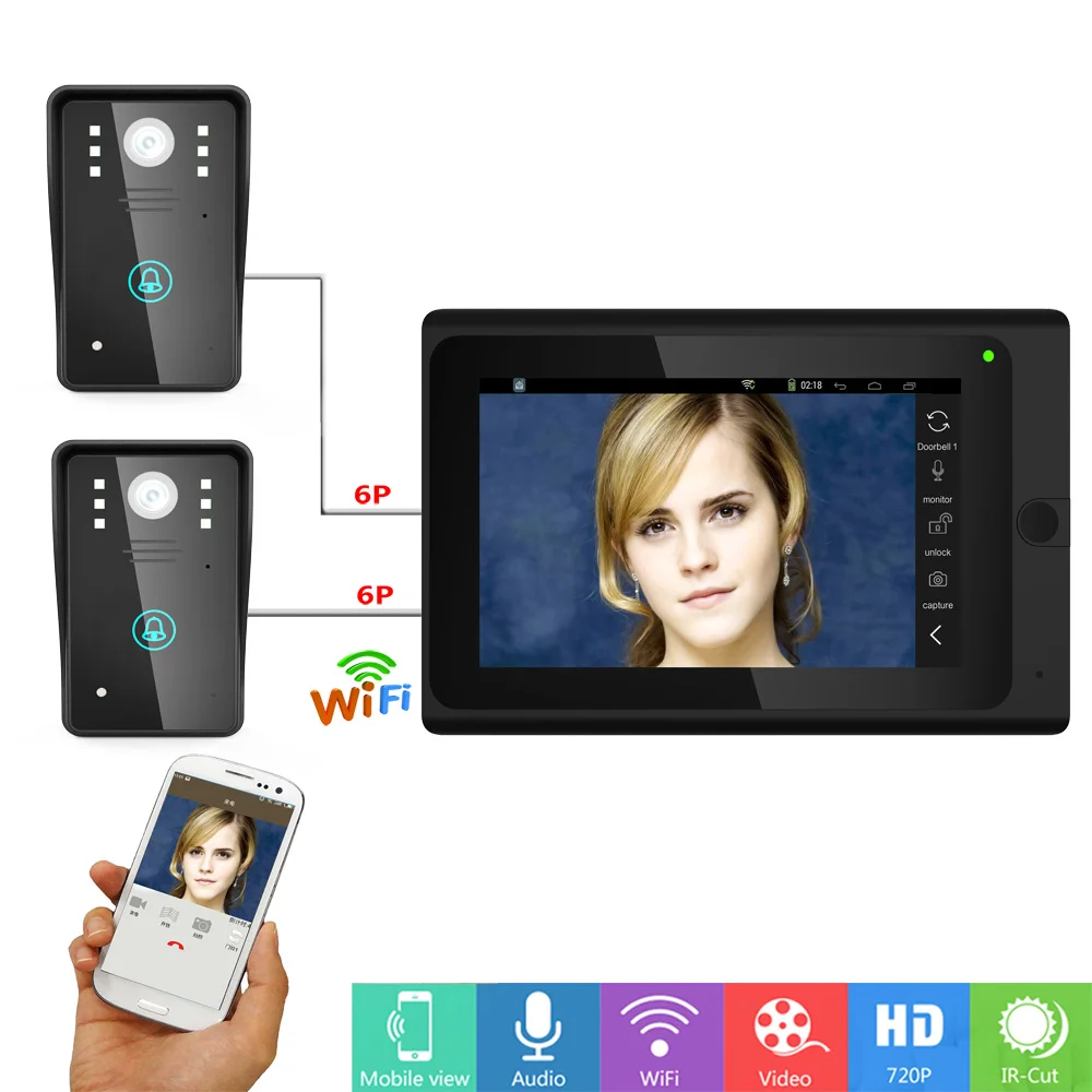 2 X Камера 7 "проводной/Беспроводной Wi-Fi IP видео-телефон двери Дверные звонки домофон Системы, поддержка Remote App разблокировки, Запись, снимок