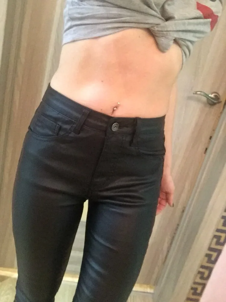 European and American women's high waist slim body elastic coating imitation leather trousers jeans small foot trousers PU pocket locomotive model 100 big size (29)