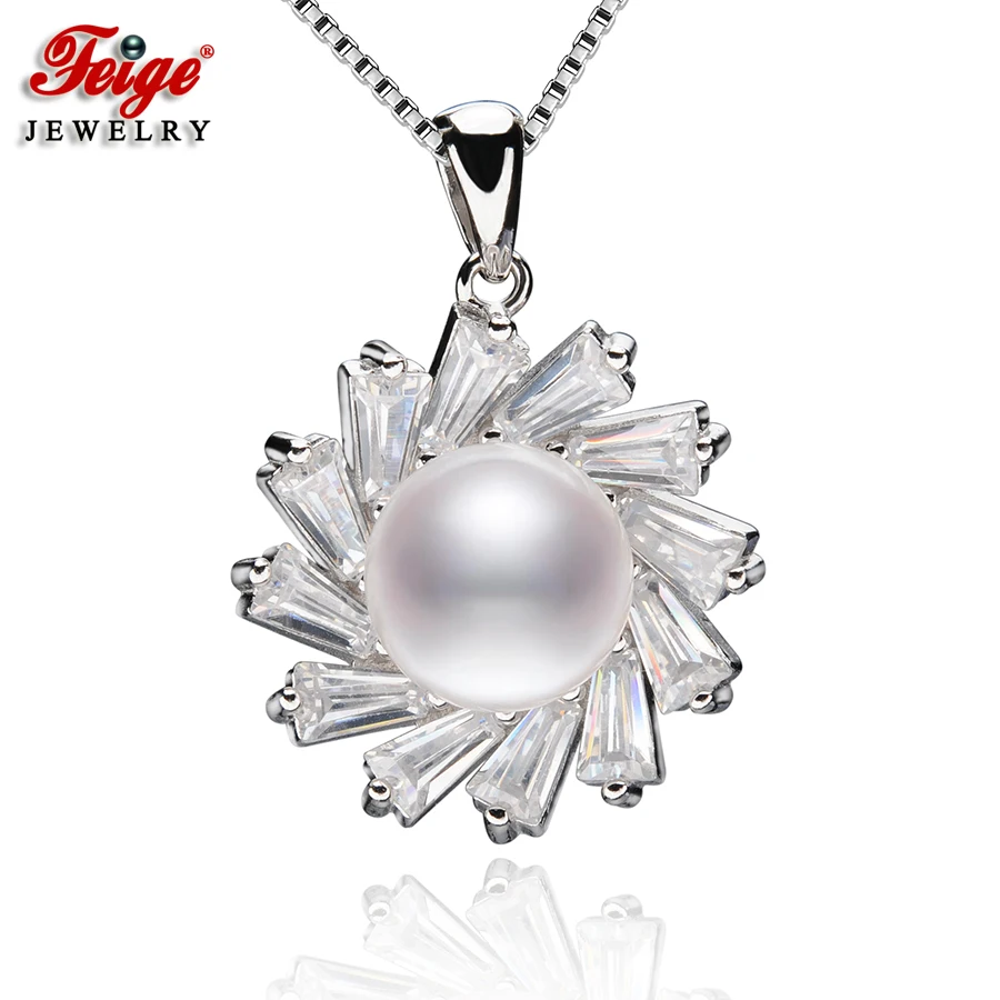 

FEIGE 9-10MM White Natural Freshwater Pearl Pendants Genuine 925 Sterling Silver Pendant Necklace For Women's Fine Pearl Jewelry