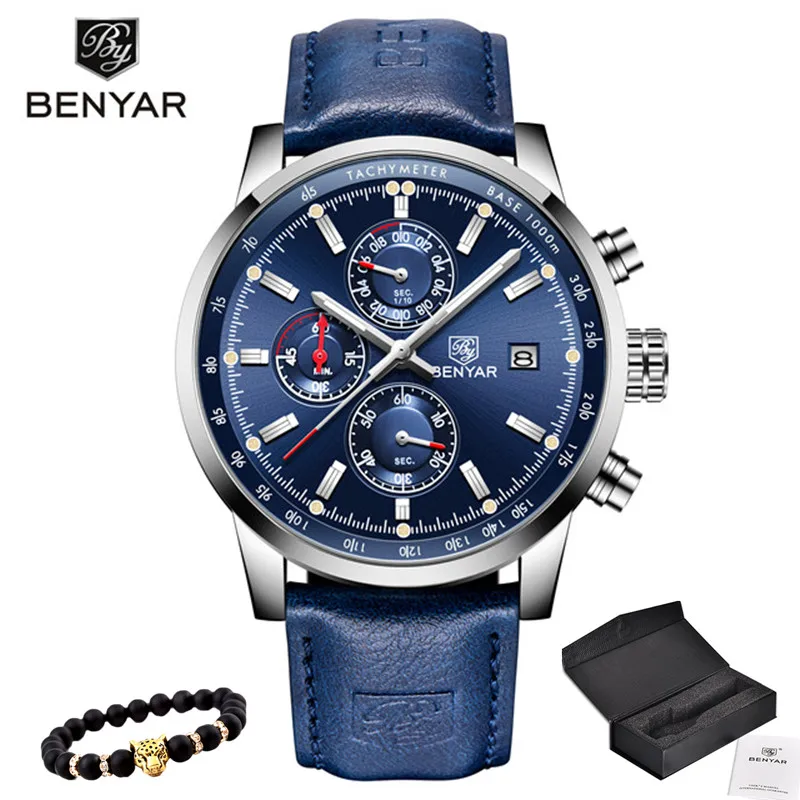 BENYAR часы мужские роскошные брендовые кварцевые часы модные хронограф часы Reloj Hombre спортивные часы мужские часы Relogio Masculino - Цвет: Dack blue and box