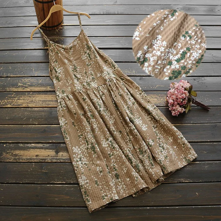 Rustic small flowers print cotton spaghetti strap dress 2019 summer