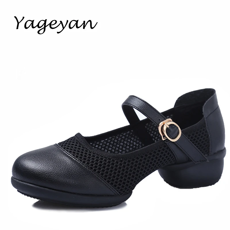 PU Mesh Breathable 4cm Platforms Women Modern Dance Shoes Buckle Black Red Light Weight Women Dance Sneakers EUR34-41