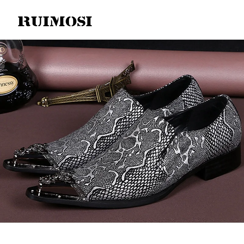RUIMOSI Plus Size Fashion Snakeskin Man Bridal Loafer Shoes Genuine Leather Pointed Toe Prom Party Men's Punk Rocker Flats KH17
